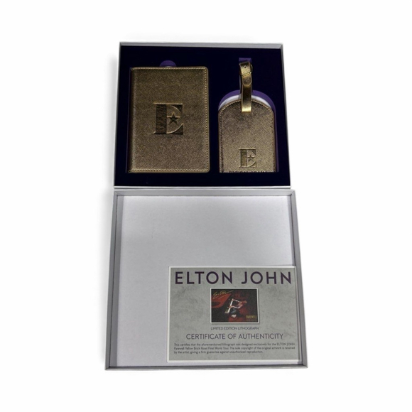 Elton John Gold Passport Holder & Luggage Tag Set w/ COA